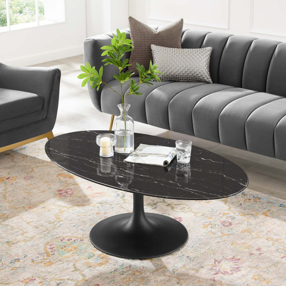Coffee Table, Oval, Artificial Marble, Metal, Black, Modern, Lounge Hospitality