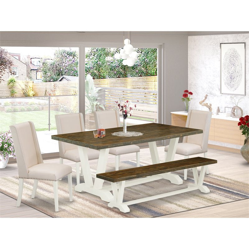 6-Piece Set Table Top and Dining Bench and 4 Chairs, Linen White