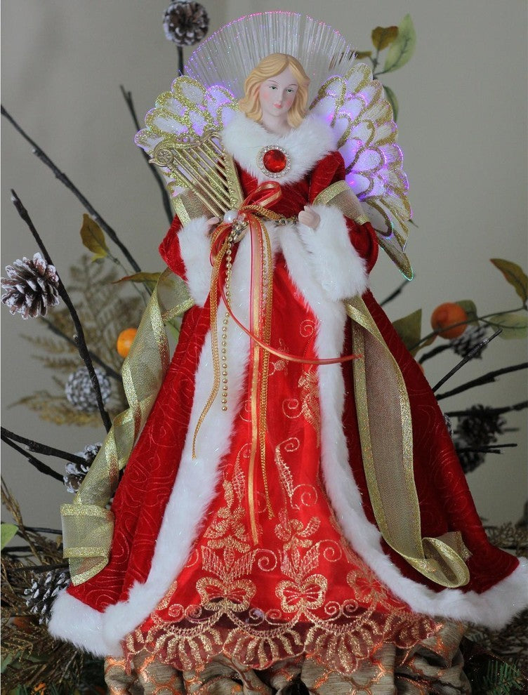 16" Battery-Operated Angel in Garnet Coat With Harp Christmas Tree Topper