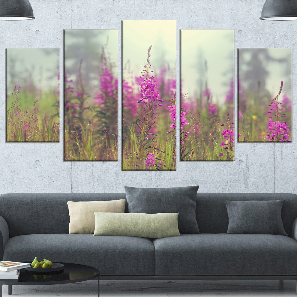 Purple Summer Flowers in Foggy Field, Floral Art Canvas Print, 60"x32", 5 Panels
