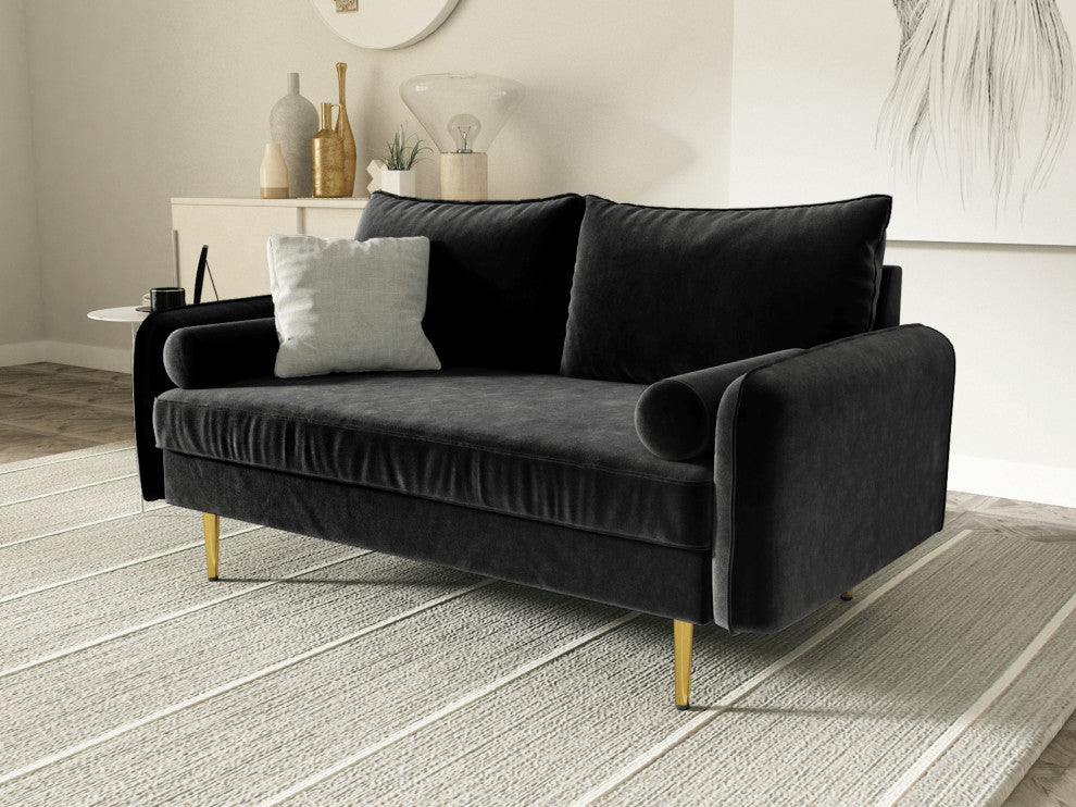 The Audrey I Velvet Round Arm Loveseat, Charcoal Black