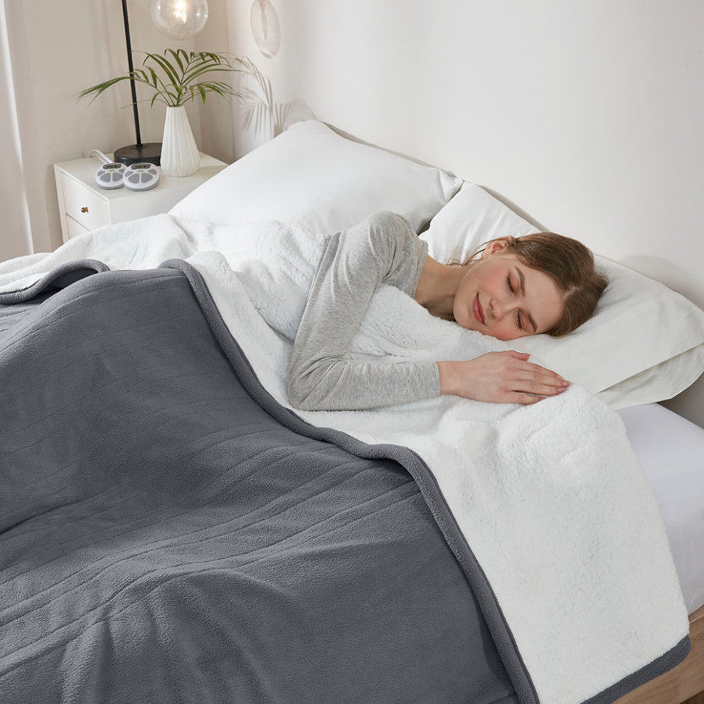 Serta Fleece to Sherpa Heated Fleece and Sherpa Bedding Blanket, Dark Grey