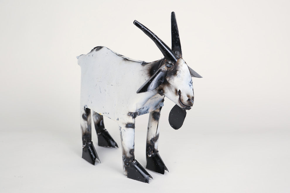 Recycled Metal Garden Farmhouse Goat-Handmade-Rustic, White & Black, Small
