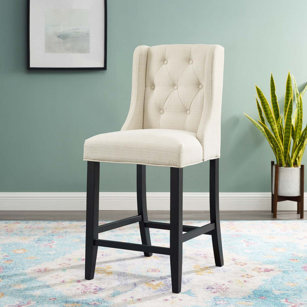 Tufted Counter Stool Chair, Fabric, Wood, Beige, Bar Pub Cafe Bistro Restaurant