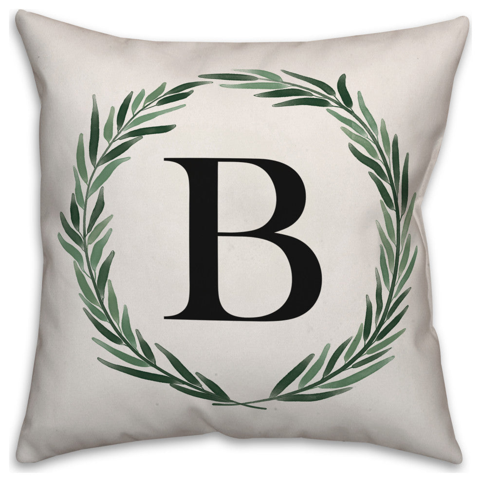 Watercolor Greenery Wreath Monogram - B 18x18 Spun Poly Pillow