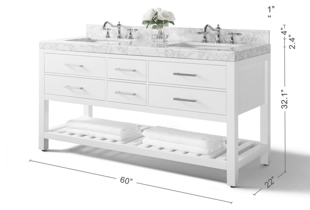 Arcadia Bath Vanity, White, 60", Brushed Nickel Hardware, Double, Freestanding