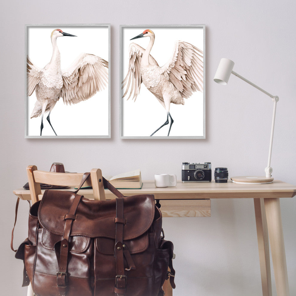 Simple White Crane Birds Standing Open Wings Illustration, 2pc, each 24 x 30