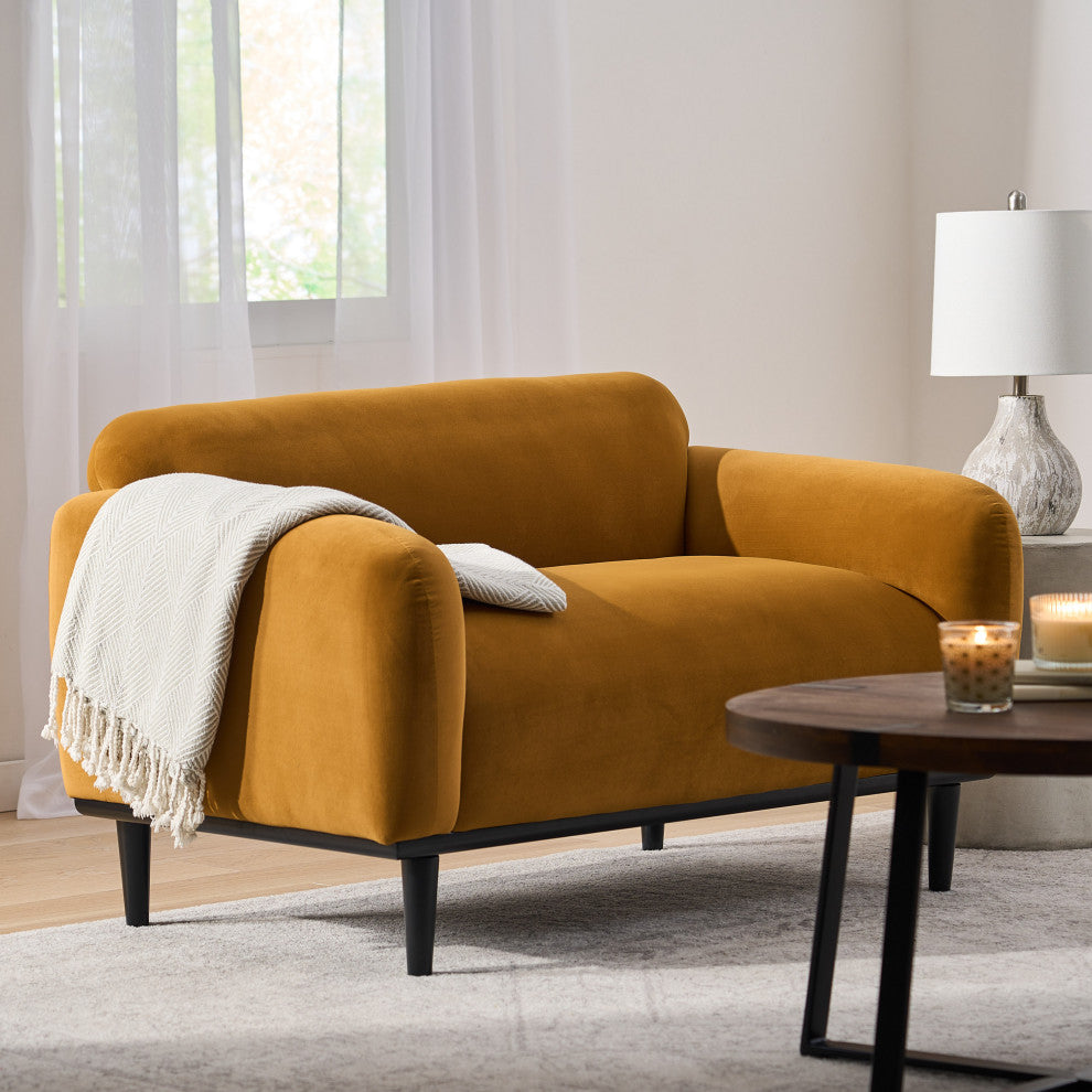 Sandee Contemporary Upholstered Loveseat, Turmeric/Matte Black, 100% Polyester + Birch