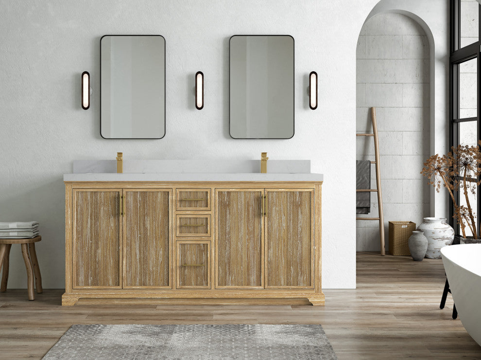 Alys Teak 72 Double Sink Bathroom Vanity Whitewashed 2" Carrara Quartz