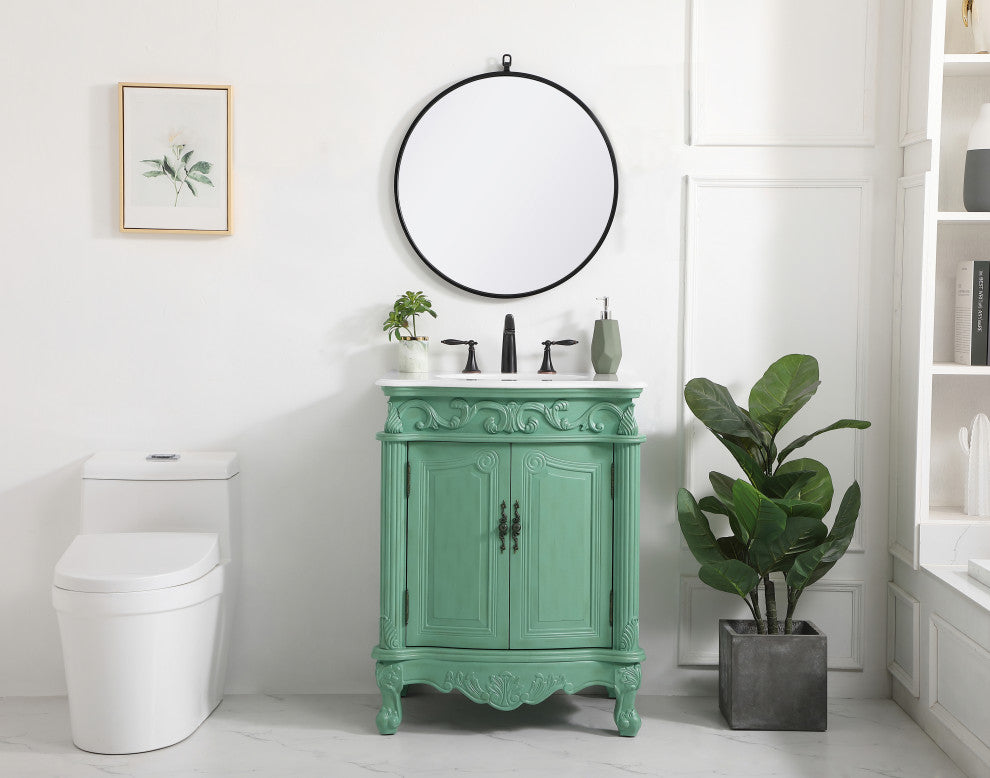27" Single Bathroom Vanity, Antique Beige With ivory white engineered marble, Vintage Mint, Ivory White Engineered Marble Top