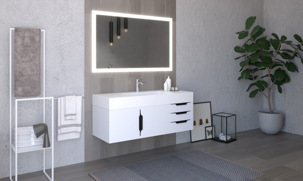 CastelloUSA Amazon 48" Wall Mounted Vanity Set, White, White Top, Black Handles