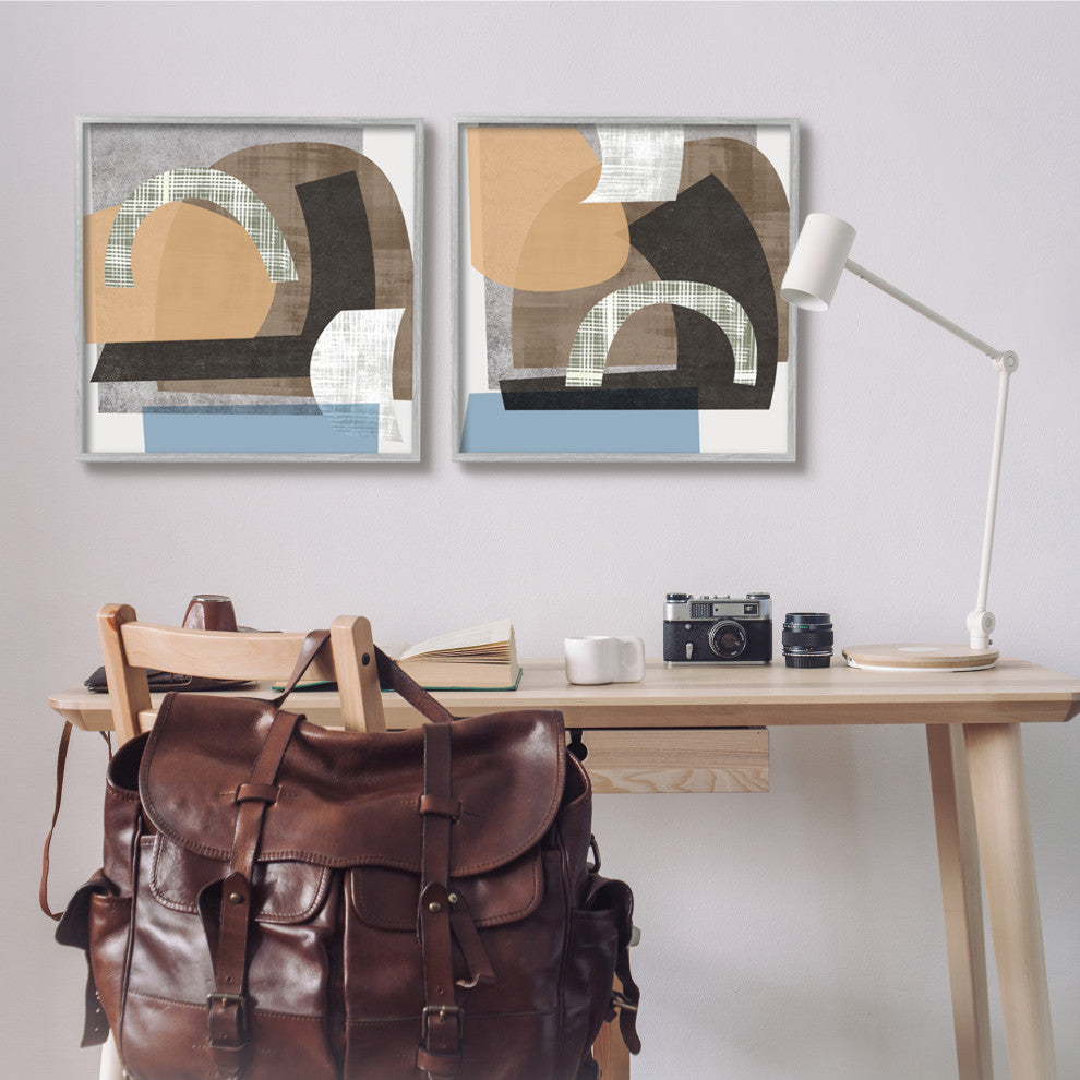 Abstract Shape Collage Modern Brown Grey Blue,2pc, each 24 x 24