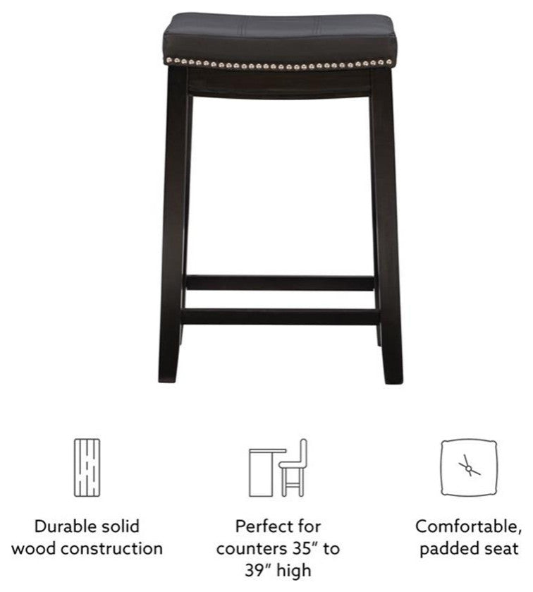 Linon Claridge Wood Backless Counter Stool Nailhead Trim Faux Leather in Black