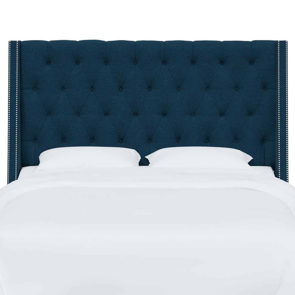 Tufted Sloped Wingback Headboard, Nail Trim, Zuma Navy, King