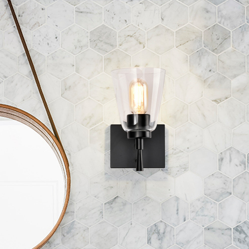 1-Light Matte Black Indoor Wall Sconce With Clear Cone Glass Shade