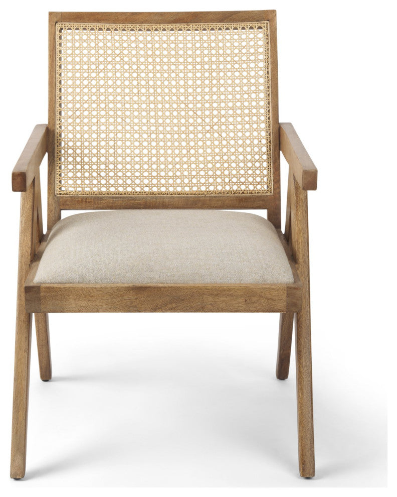 Donna Beige Fabric Seat w/ Light Brown Solid Wood & Cane Accent Chair