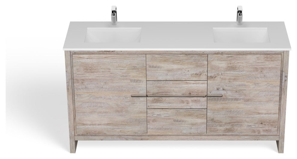 Esconde Bath Vanity, Natural Wood, 60", Double Sink, Freestanding