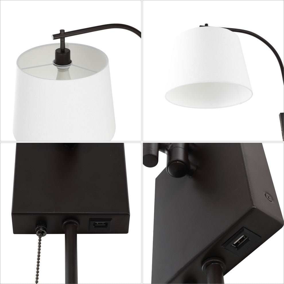 22.5" Plug-In/Hardwired Iron LED Swing Arm Wall Sconce Pull-Chain,USB,Bronze