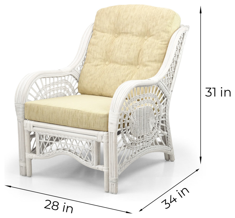 Malibu Lounge Armchair, Natural Rattan Wicker, White, Cream Cushions