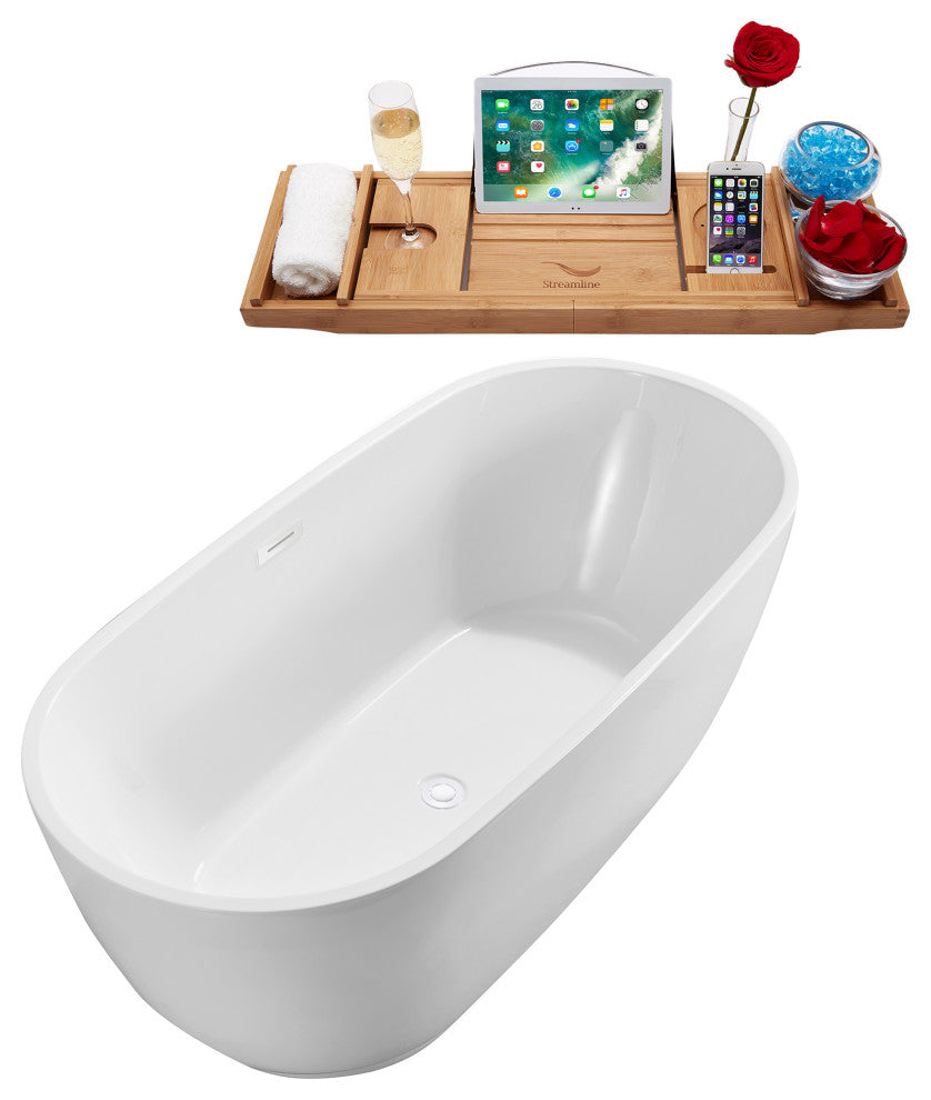 59" Streamline N560WH Soaking Freestanding Tub and Tray With Internal Drain