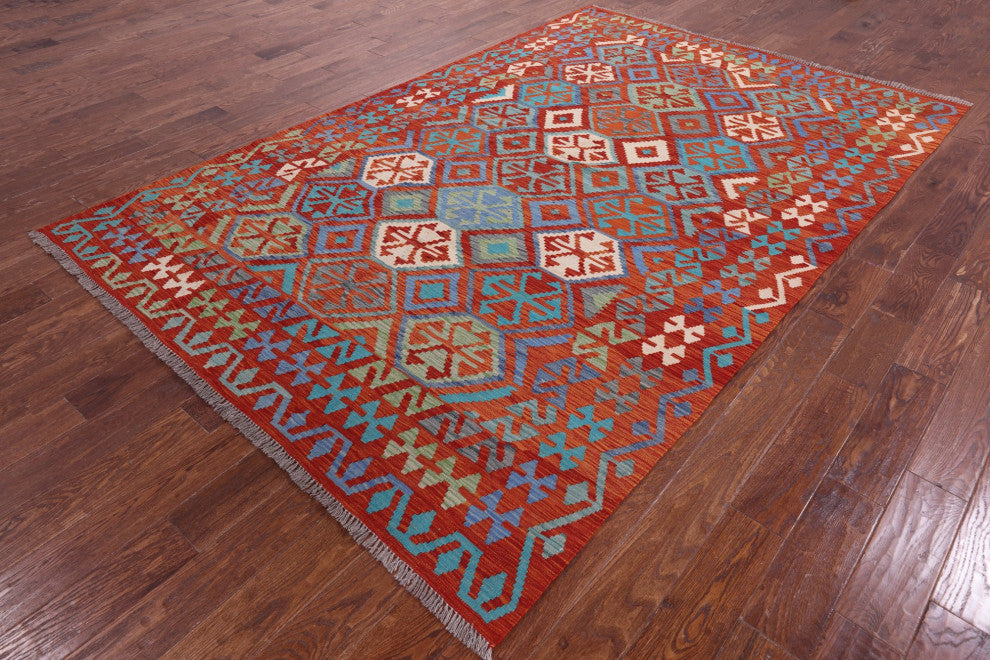 6' 5" X 9' 10" Flat Weave Kilim Reversible Wool On Wool Rug - Q12547
