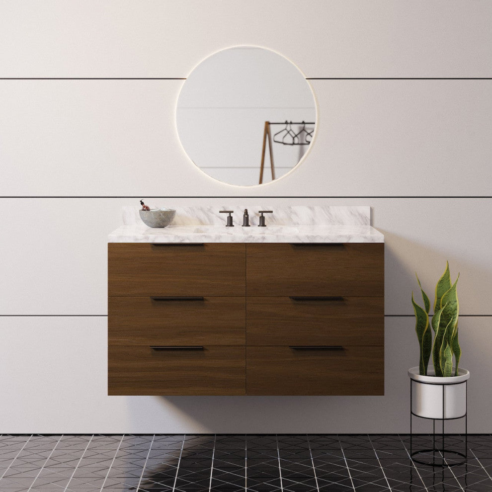 Oslo 42" Floating Wall Mounted Bathroom Vanity, Walnut, Carrara Marble