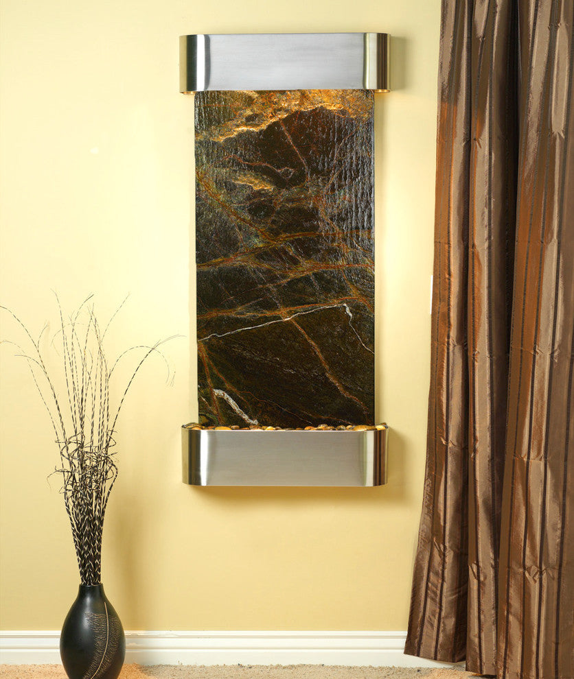 Cascade Springs Water Fountain, Green Marble, Stainless Steel, Round