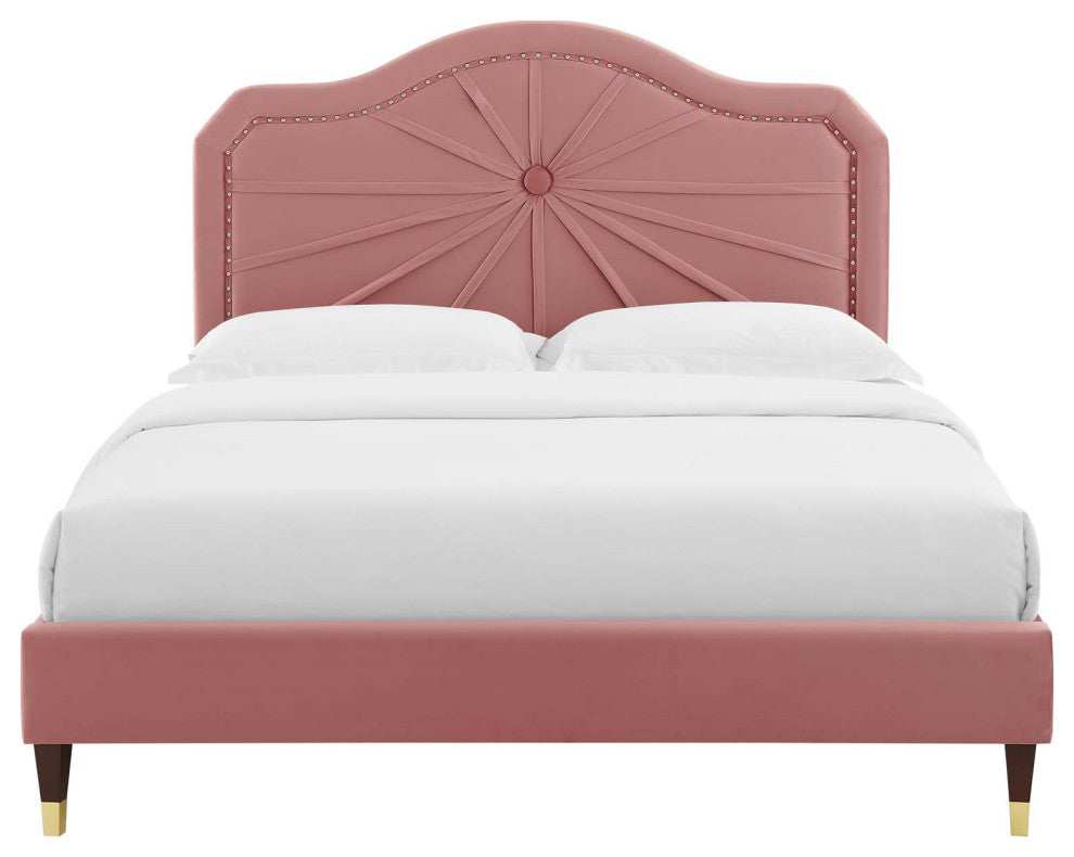 Platform Bed Frame, Full Size, Velvet, Pink, Modern Contemporary, Bedroom Master