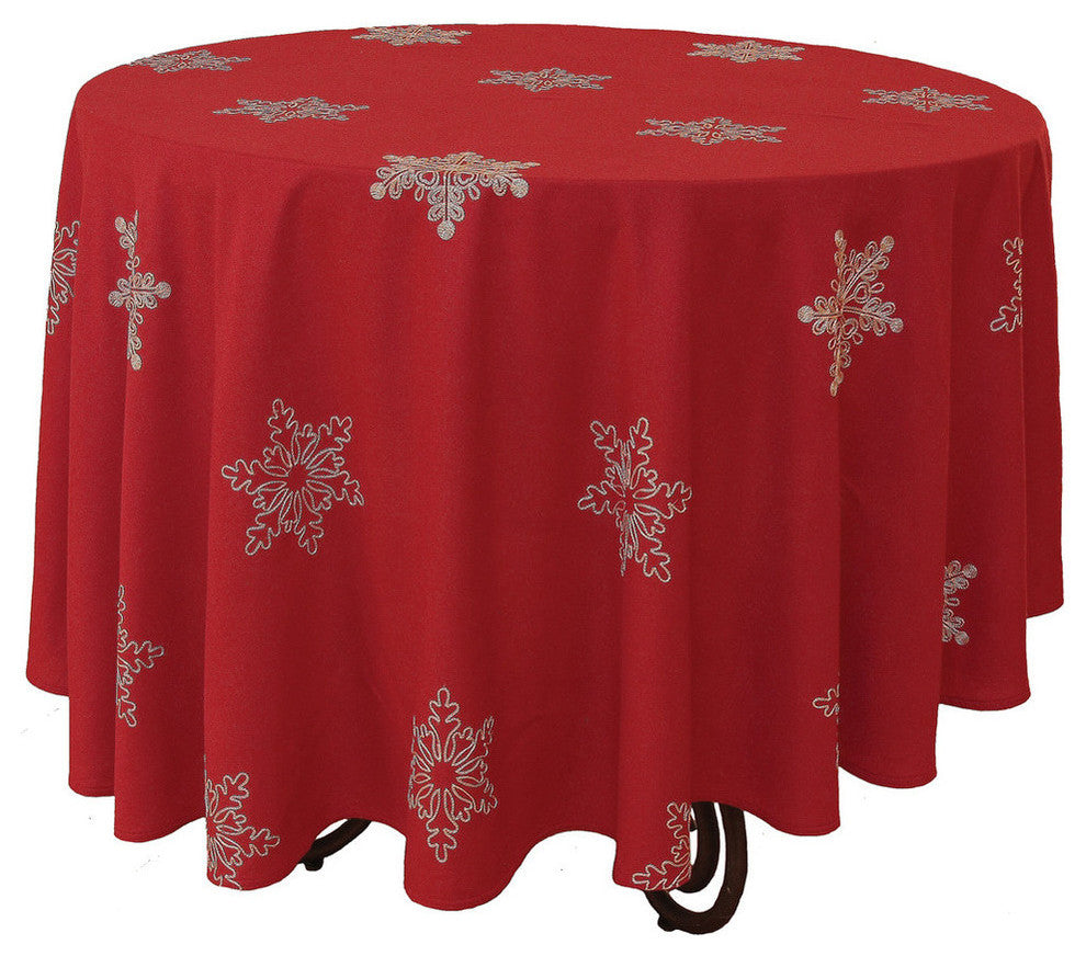 Snowy Noel Embroidered Snowflake Christmas Round Tablecloth, 70" Round