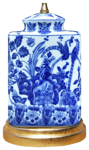 Blue and White Porcelain Caddy Floral Bird Motif Table Lamp, 20"