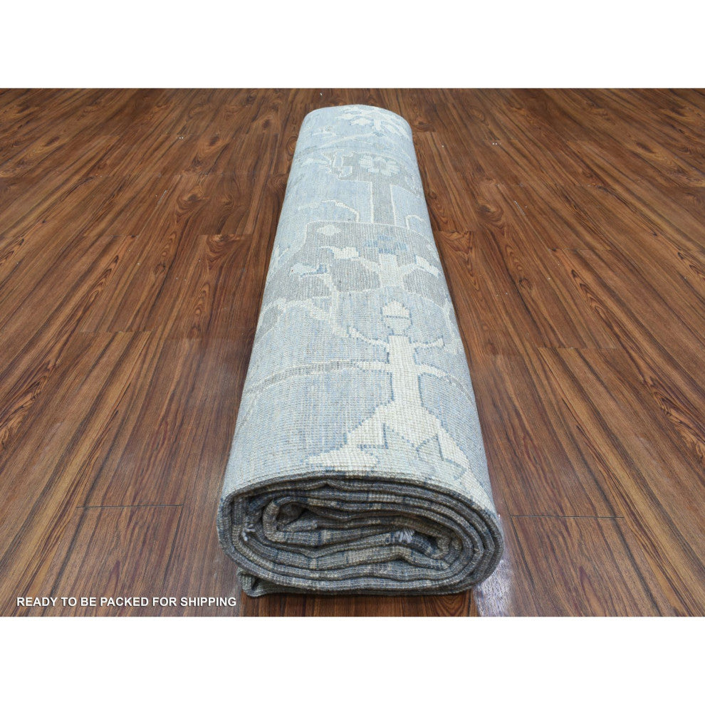 Gray Afghan Oushak Flowing Open Design Hand Knotted Pure Wool Rug, 10'2"x13'10"
