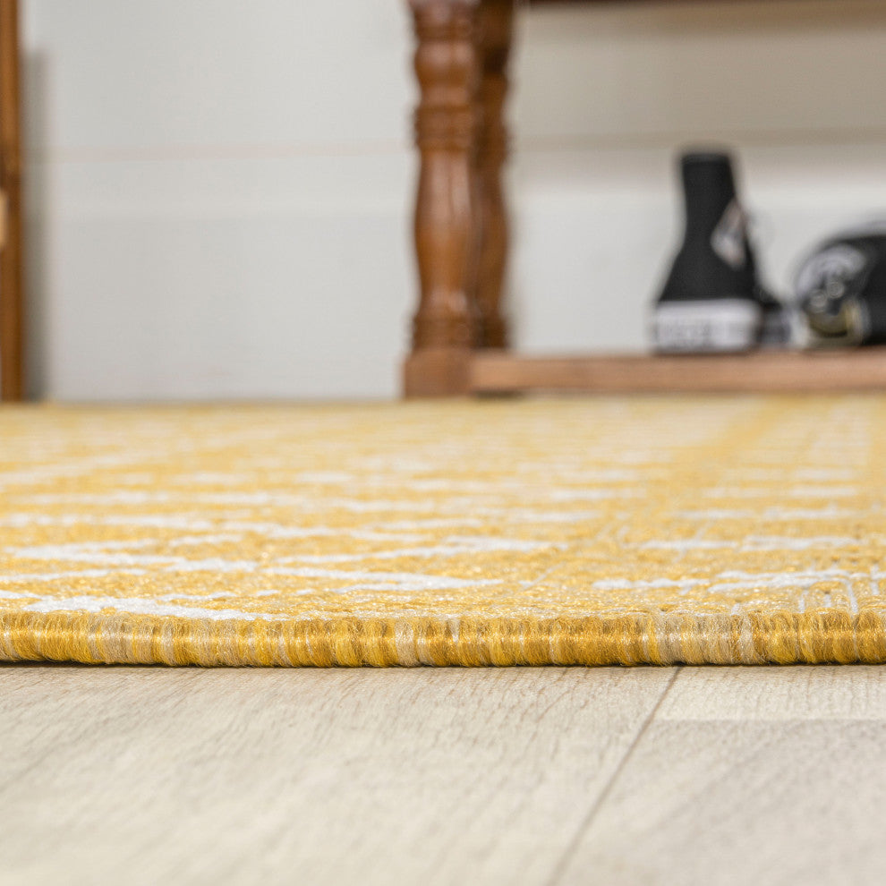 Ourika Moroccan Geometric Indoor/Outdoor Rug, Yellow/Cream, 5' Square