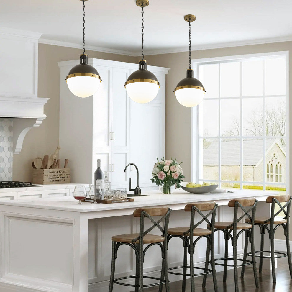 13-Inch Matte Black Globe Pendant Light with Half Opal Glass Shade