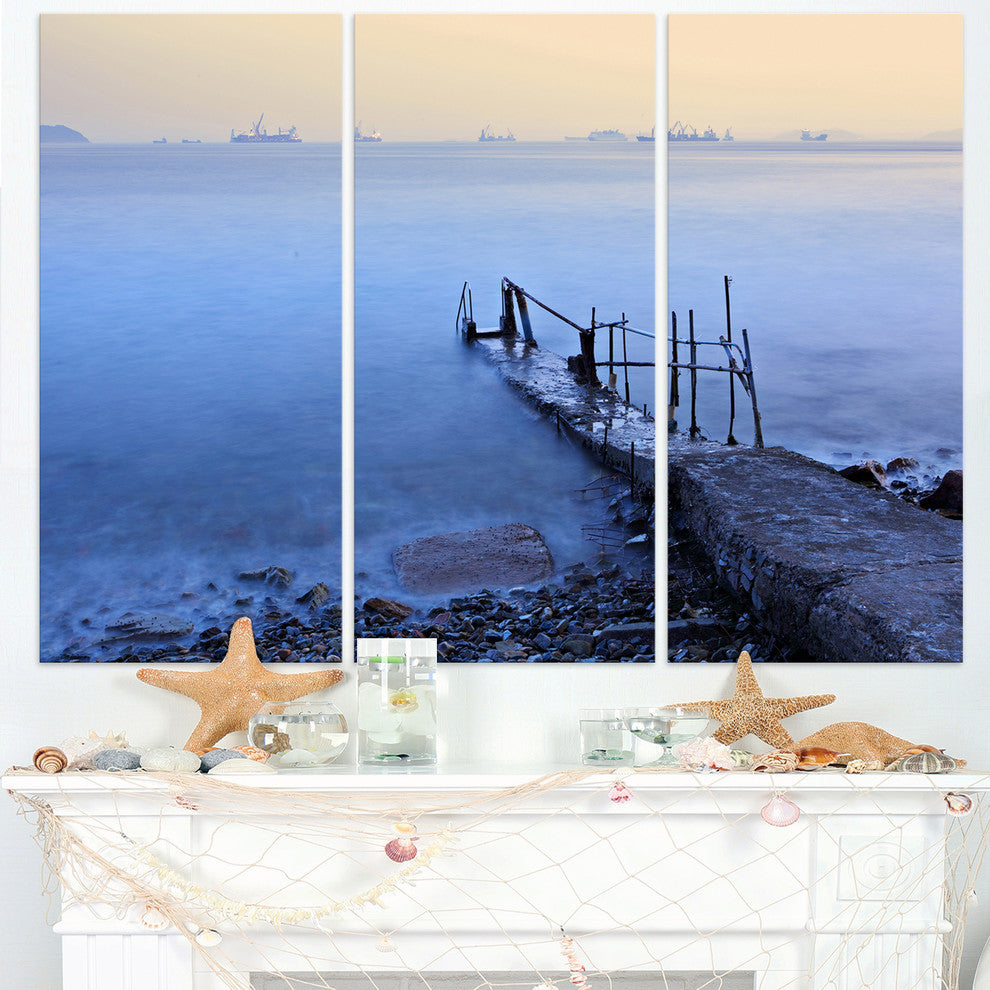 "Abandoned Pier into Blue Sea" Sea Bridge Metal Wall Art, 3 Panels, 36"x28"