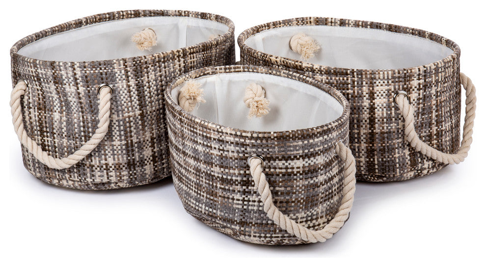Paper Straw Round Storage Baskets, Set of 6, 15.5 x 18 inches, Brown