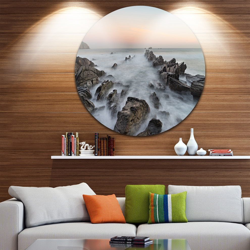 Rocky Beach With White Waters, Seashore Round Metal Wall Art, 36"