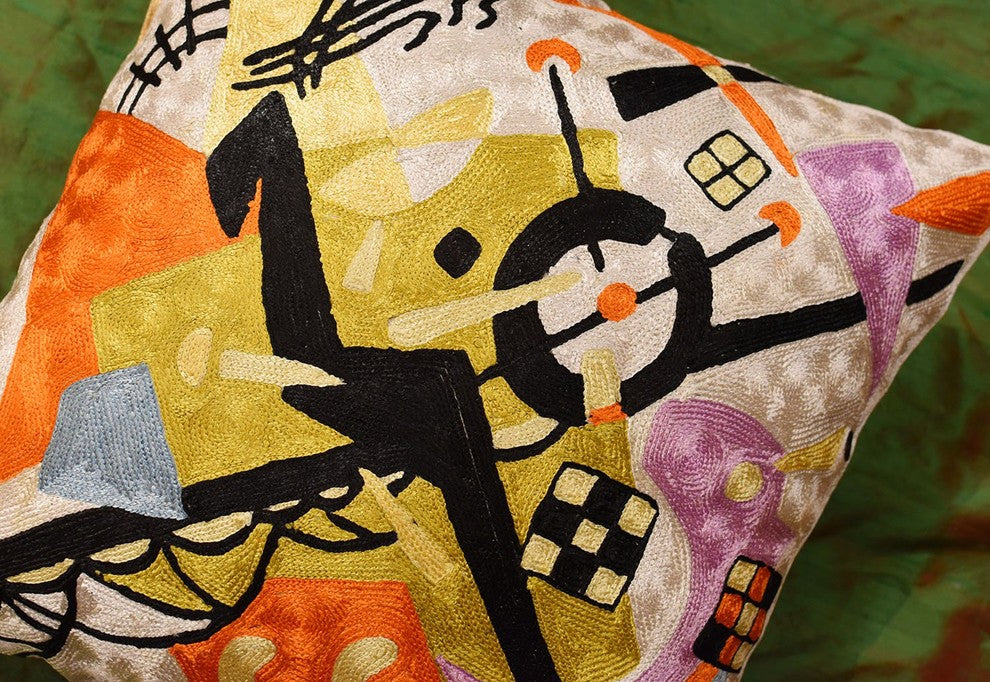 Kandinsky On White III Decorative Pillow Cover Handembroidered Art Silk 18x18"