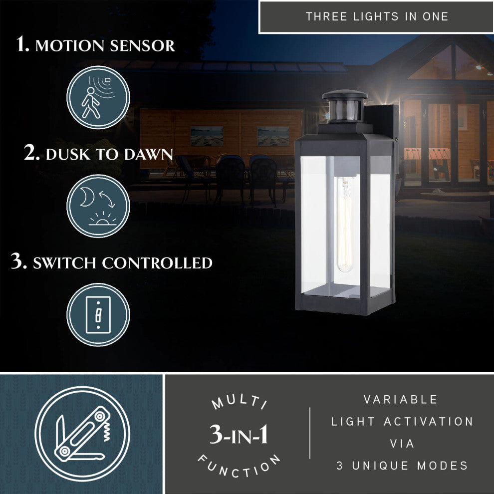 Kinzie Black Motion Sensor Dusk to Dawn Outdoor Wall Light Fixture Clear Glass, 5"wx13.75"hx6"d