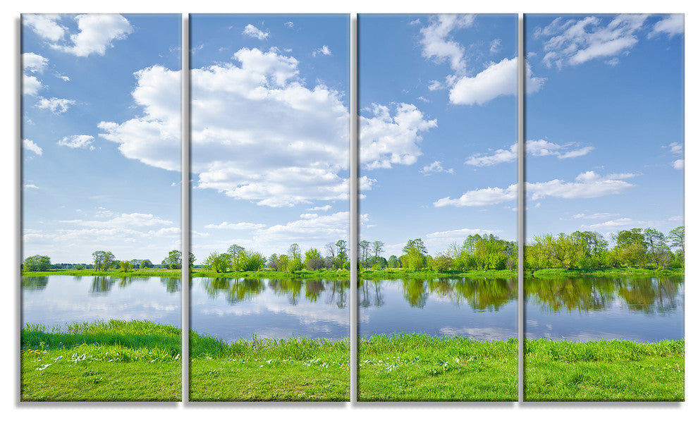 Sunny Spring by Narew River, Landscape Canvas Art Print, 48"x28", 4 Panels