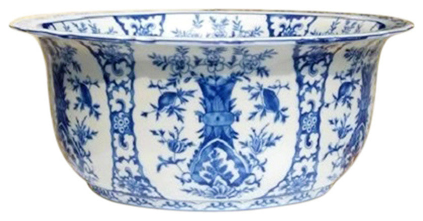 Chinese Large Blue and White Floral Chinoiserie Porcelain Bowl 16"