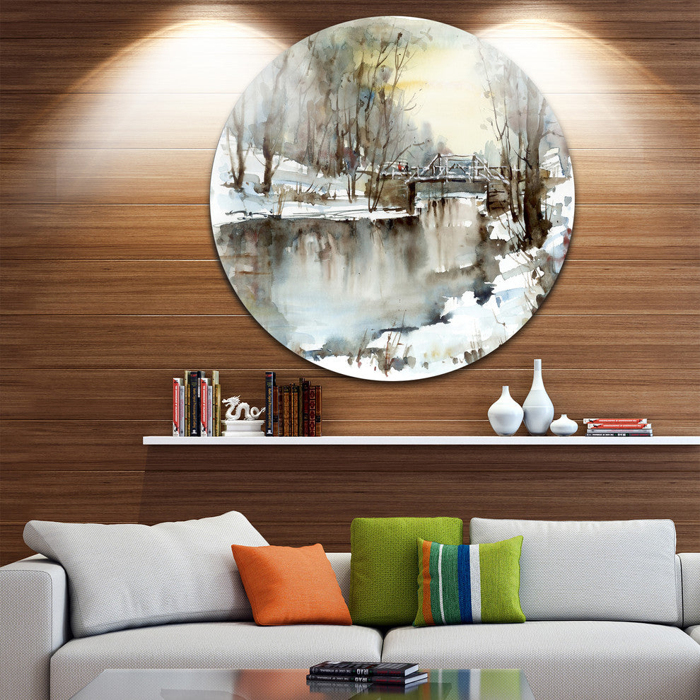 White Bridge Over River, Landscape Round Wall Art, 36"