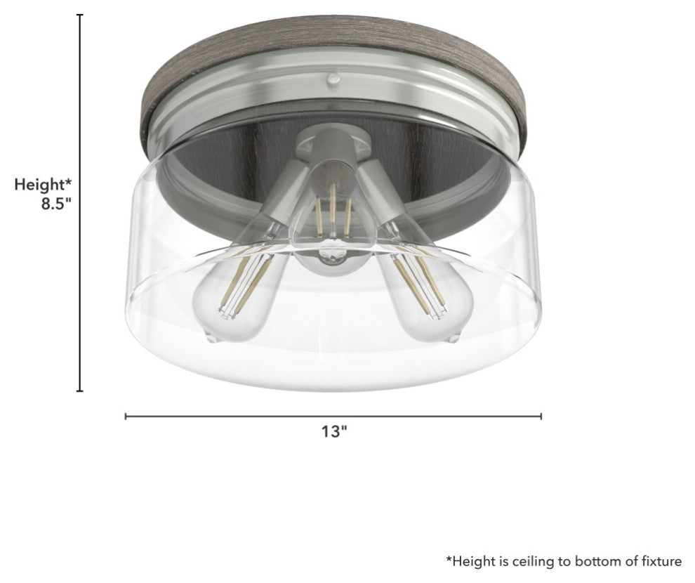 Hunter Devon Park Brushed Nickel and Grey Wood 3 Light Flush Mount Ceiling Light
