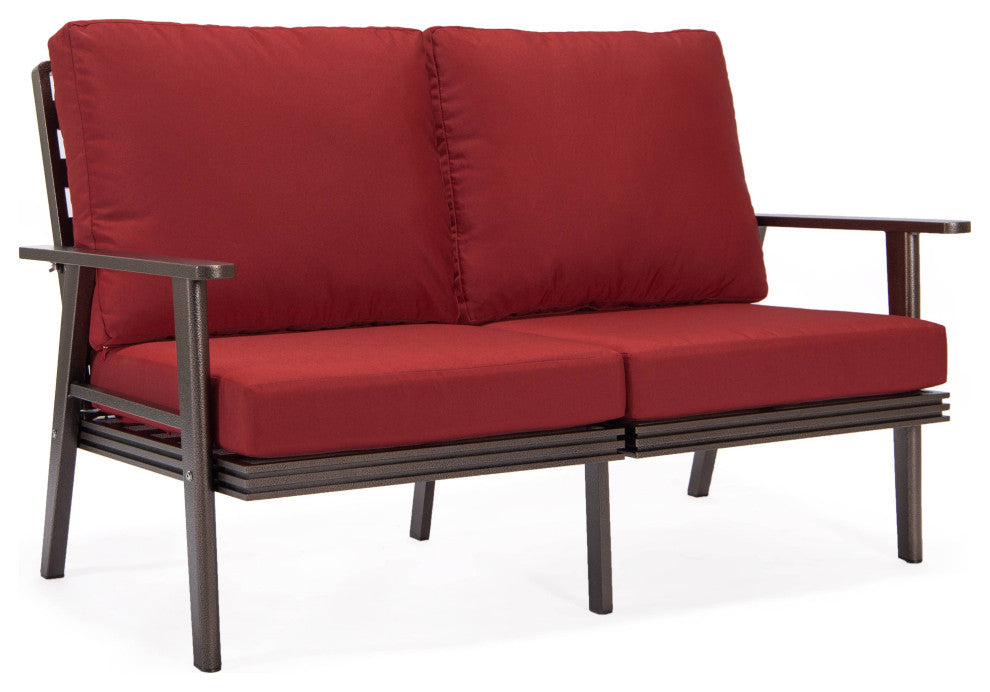 LeisureMod Walbrooke 3-Piece Patio Set With Brown Aluminum Frame and Cushions, Red