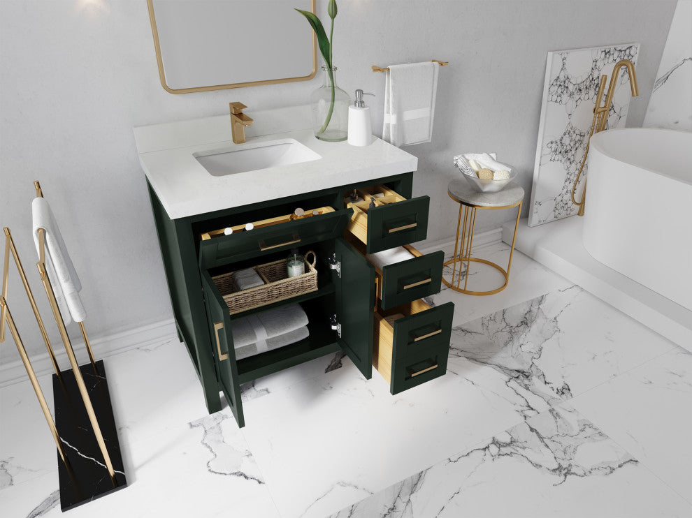 Cambridge 36 Left Offset Bath Vanity in Dark Forest Green 1.5" Empira Quartz