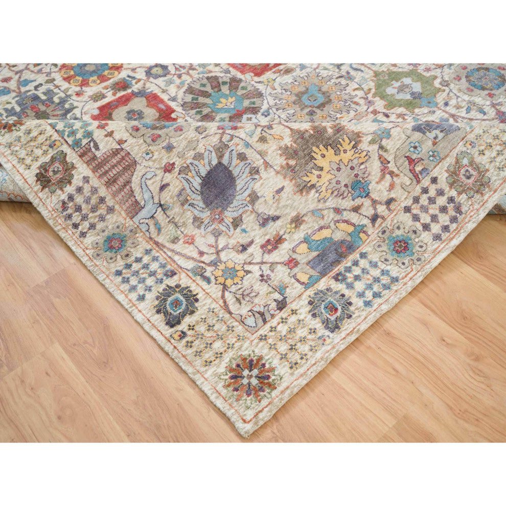 Ivory Hand Knotted Tabriz Vase With Flower Design Silk With Wool Rug 8'3"x10'3"