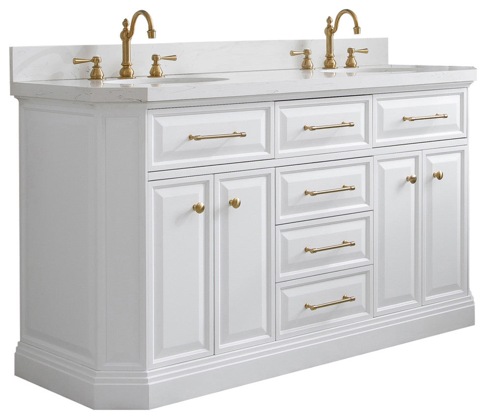 Palace 60" Double Sink Vanity White Quartz Top, Satin Brass (PVD), White