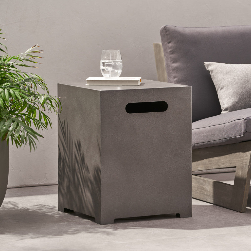 Jasmine Outdoor Metal Tank Holder Side Table, Concrete Finish