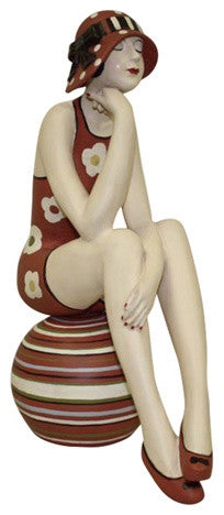 Retro Bathing Beauty Figurine, Statue Swim Suit Beach Ball Red Brown Hat