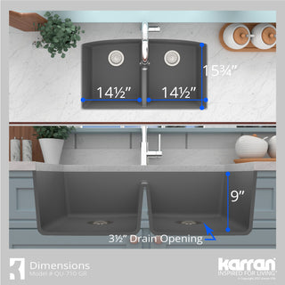 Karran Undermount Quartz 32" 50/50 Double Bowl Kitchen Sink Kit, Grey