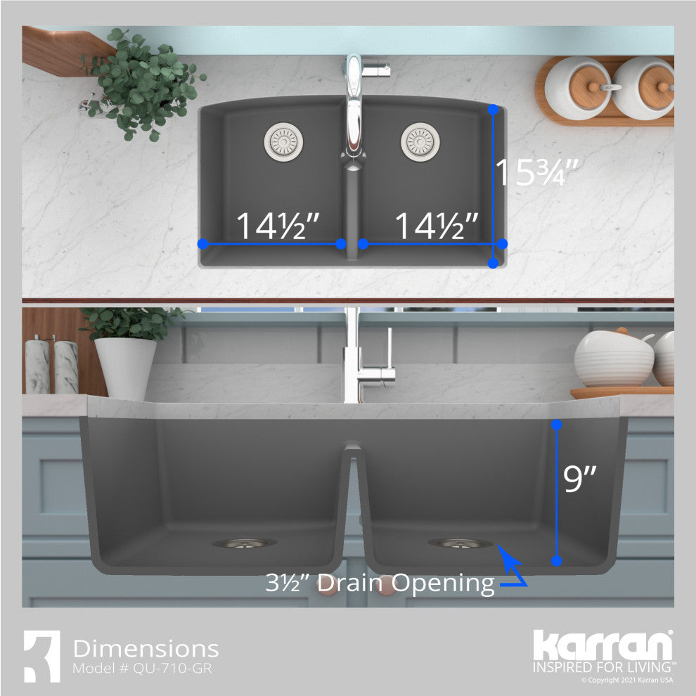 Karran Undermount Quartz 32" 50/50 Double Bowl Kitchen Sink Kit, Grey